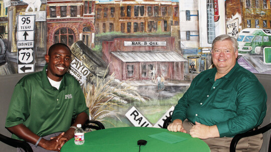 Tim Crow (right) interviews Area Editor Jason Hennington on the first episode of Taking Flight, which is available on the Taylor ISD YouTube page. Photo by Tim Crow