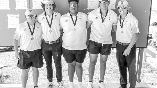 The Thrall Tigers boys’ golf team came together after a competitive match to take a picture together with Carter Bradford (left), Asa Gibbs, Seth Cage, Anthony Sandoval, and Maverick McAllister. Courtesy Photo