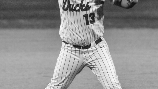Ducks junior third baseman Aiden Aguero fields a ground ball before throwing the runner out at first. Courtesy photo
