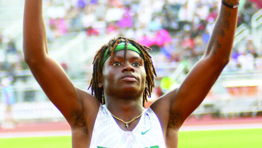 Jarvis Anderson soaks it all in as he celebrates winning gold in the boys’ 300-meter hurdles final.