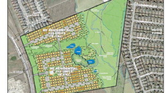 (Top) Cottonwood Properties stretches across 250 acres just north of US 79, between Fritz Park and CR 132. Photo source: Hutto Economic Development Corp. (Left) The CTC at Emory development features detached and attached housing for renters, with a public park and walking trails. Source: C...