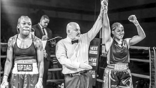 Victory is “Too Sweet” for Destiny Jones (right) as she is declared the winner after a fight against Clarice “Reese” Morales. Photos courtesy of iRULL FOTOS/FORCERTAIN PROMOTIONS