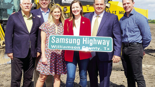 Samsung representatives join public officials to commemorate the start of construction on Samsung Highway Segment 2. From left: US Congressman Pete Sessions, Taylor Mayor Brandt Rydell, Dana Harris (Samsung), State Representative Caroline Harris, County Commissioner Russ Boles, Matt Menott...