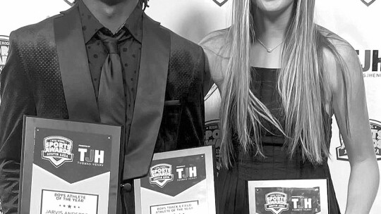 Taylor High School senior Jarvis Anderson and freshman Rylee Michna proudly pose with their Austin Area High School Sports Awards plaques on June 6 at Dell Hall in the Long Center for the Performing Arts. Photo courtesy of Earven Flowers