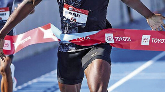 Former Taylor High School star Fred Kerley crosses the finish line in first place in the men’s 400-meter dash on July 27, 2019, at the Toyota USA Track &amp; Field Outdoor Championships held in Des Moines. File photo
