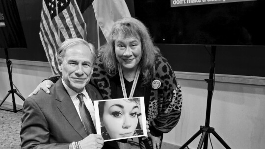 Gov. Greg Abbott and Billie Samuelson stand together on April 6 at the One Pill Kills Summit. Courtesy photo