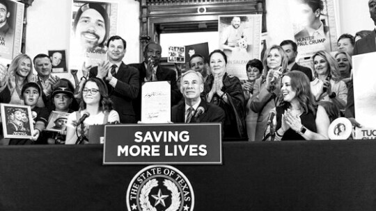 Members of Texans against Fentanyl, including Billie Samuelson, attended a ceremony June 14 when Gov. Greg Abbott signed into law anti-fentanyl legislation. The group includes survivors of fentanyl-poisoning victims. Courtesy of the Office of Governor Greg Abbott