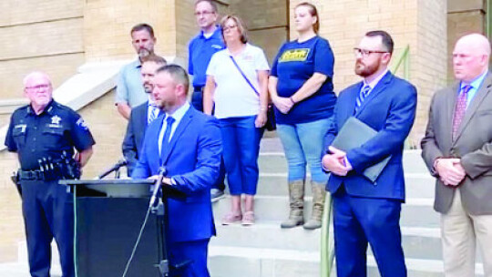 Williamson County Sheriff Mike Gleason and Deputies Association President Charles Duvall held a press conference outside the Williamson County Historic Courthouse. The association suggested it would possibly seek state assistance to address needs. Screenshot from Deputies Association strea...